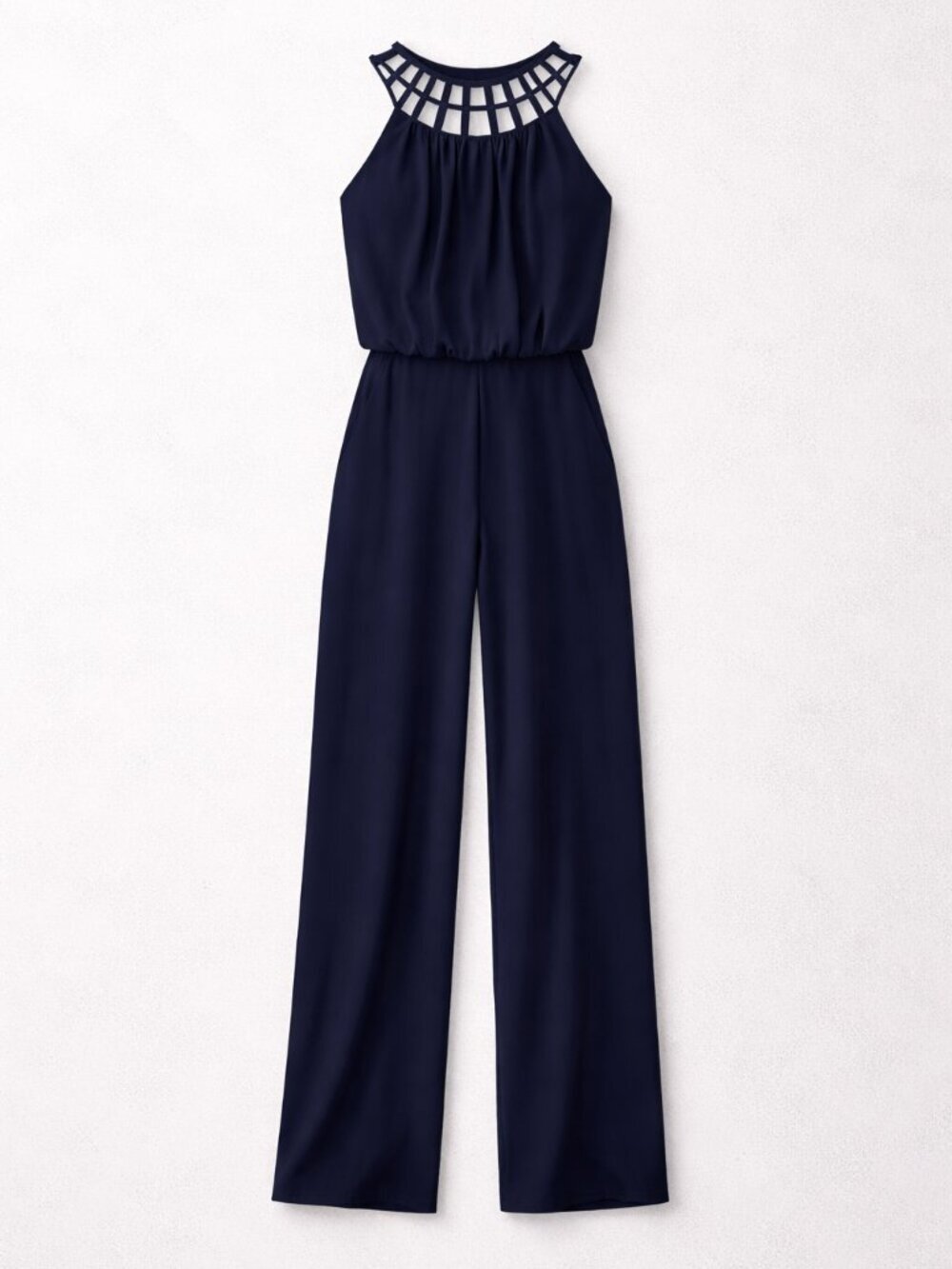 NWT WHBM Navy Wide Leg Jumpsuit Size 8 Elegant Halter Neck Dressy Evening Career